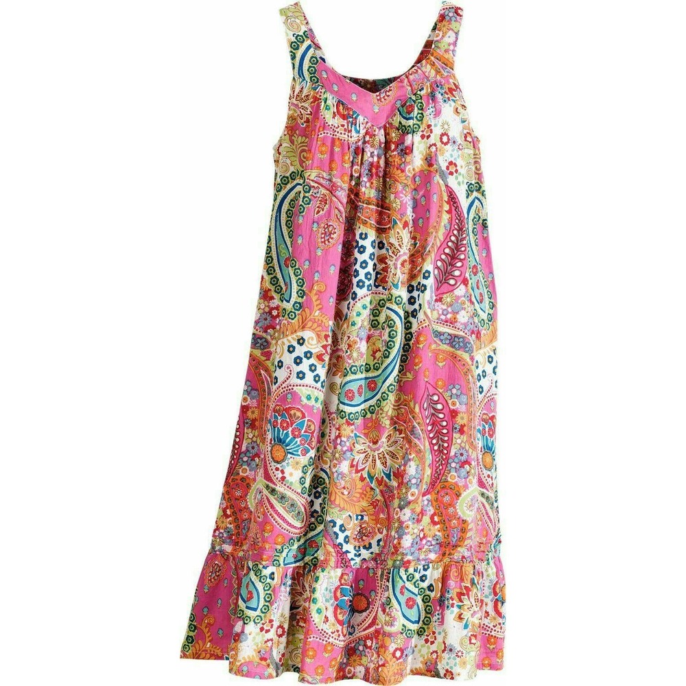 La Cera $86 XL Pink Multi Paisley Floral 100% Cotton Ruffle Hem Sleeveless Dress